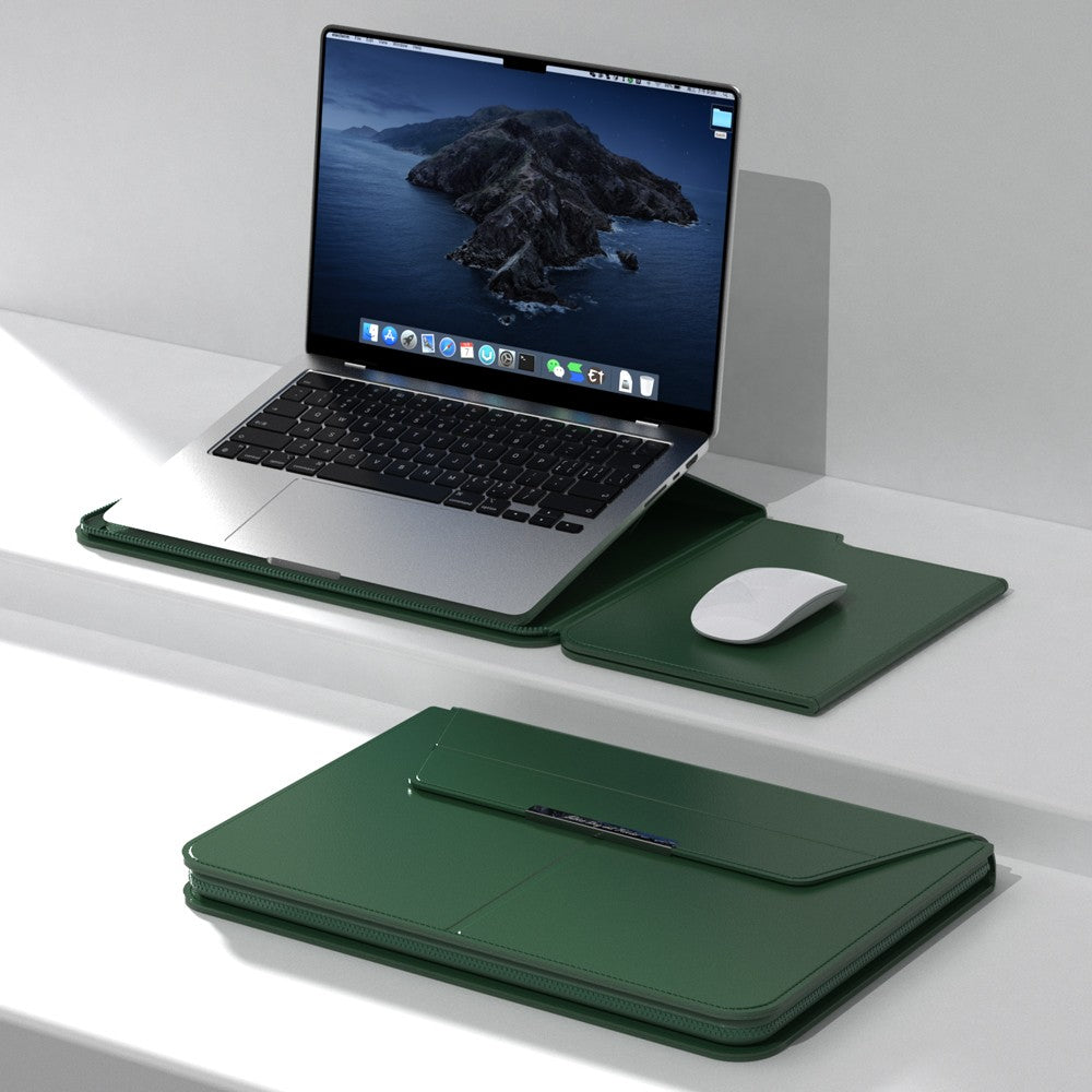 Green Laptop sleeve with Zipper open, laptop propped on the fold-out stand half beside a mouse on the built-in mouse pad half