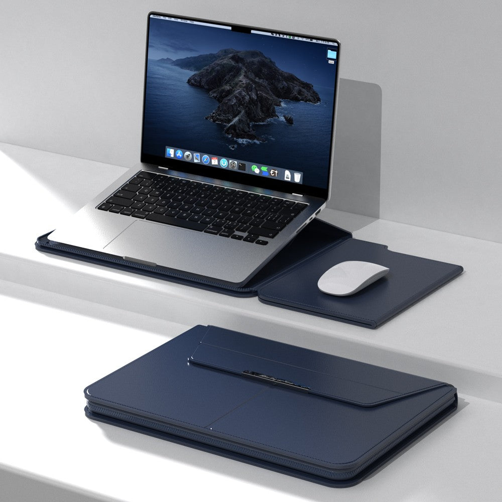 Navy blue Laptop sleeve with Zipper open, laptop propped on the fold-out stand half beside a mouse on the built-in mouse pad half