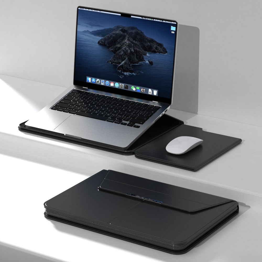 Black Laptop sleeve with Zipper open, laptop propped on the fold-out stand half beside a mouse on the built-in mouse pad half