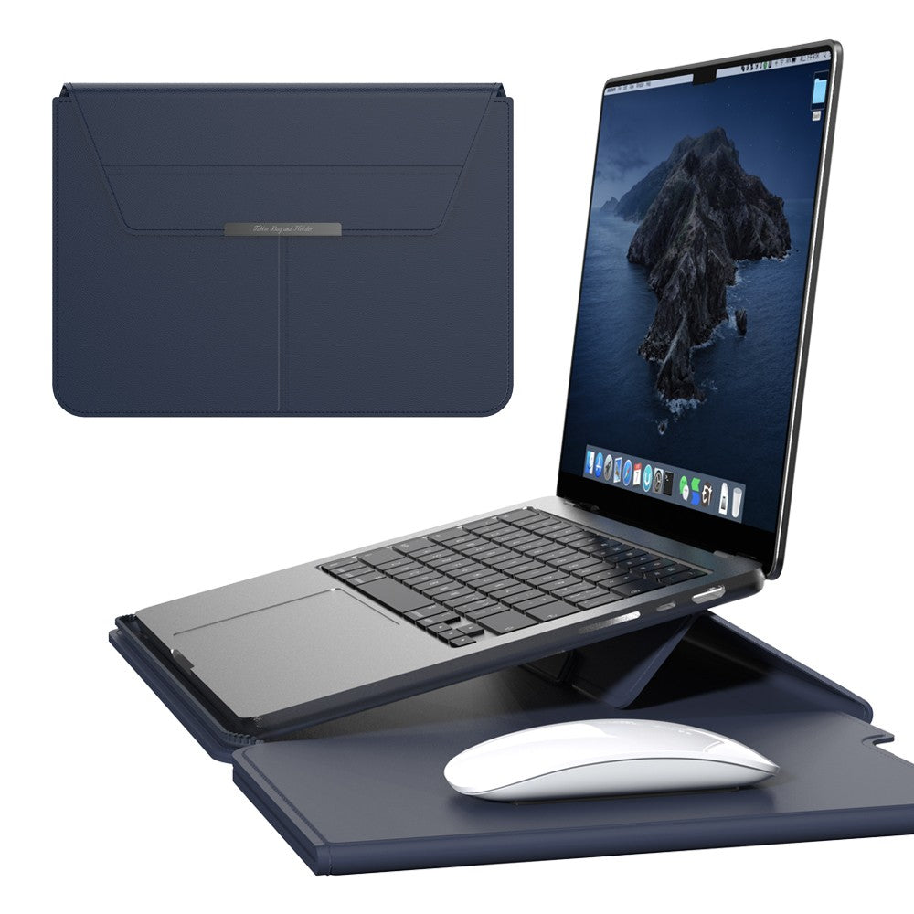 Navy blue Laptop sleeve with Zipper closed, front view beside an open laptop