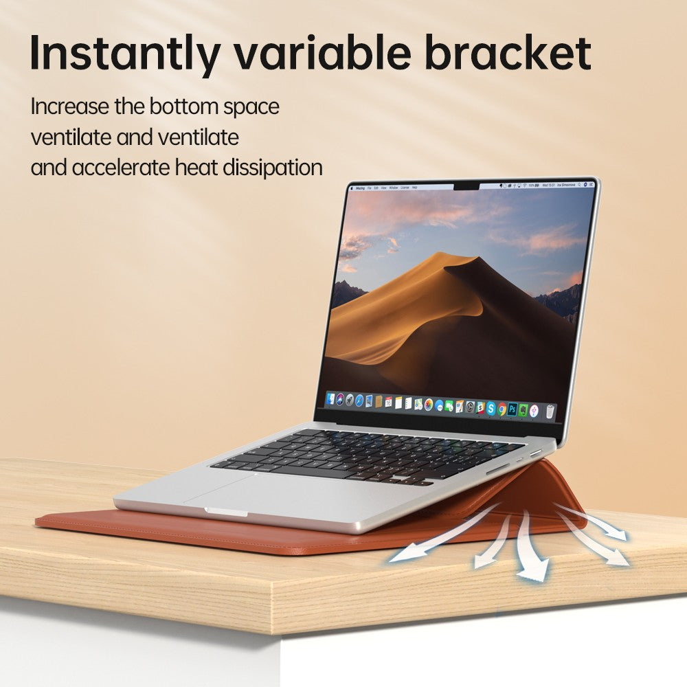 Blue Laptop sleeve with handle shown closed with cutout carry handle, next to the sleeve folded open into a stand propping up a laptop