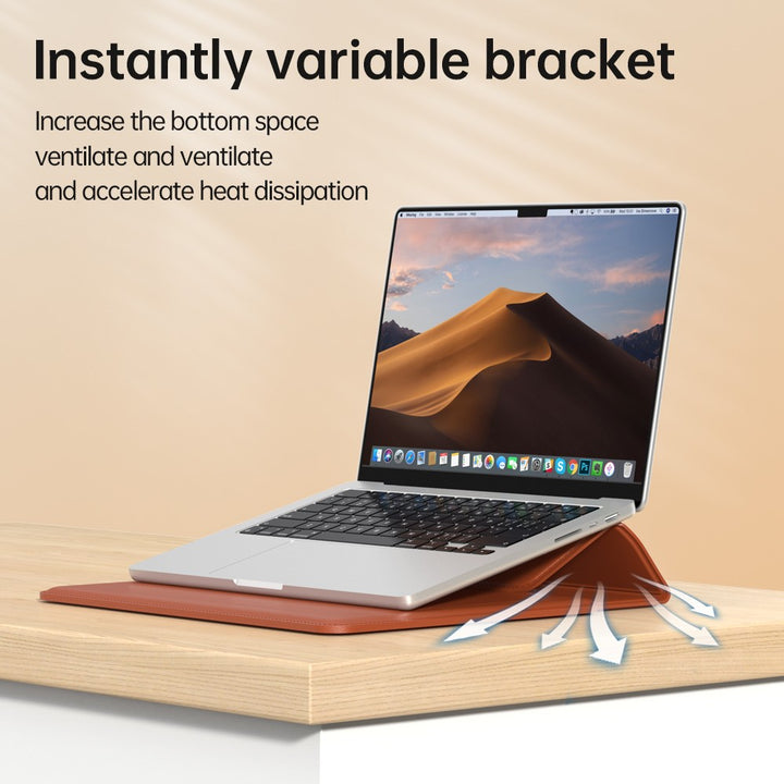 Blue Laptop sleeve with handle shown closed with cutout carry handle, next to the sleeve folded open into a stand propping up a laptop