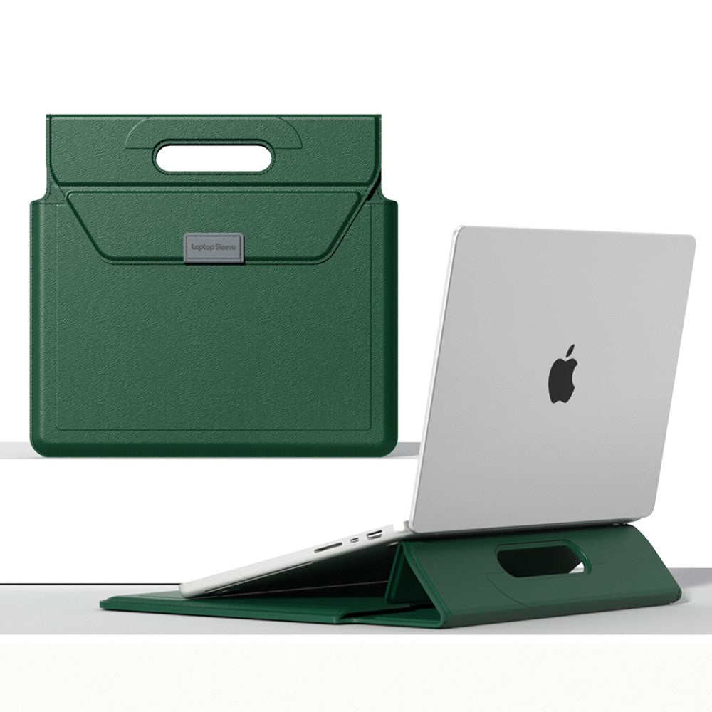 Orange Laptop sleeve with handle propping a laptop at a comfortable typing angle on a desk, with a person seated behind it