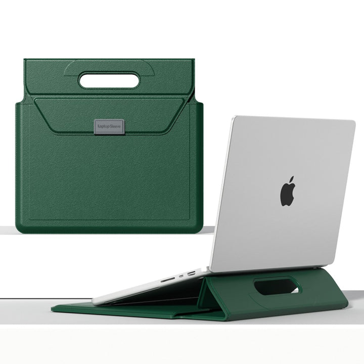 Orange Laptop sleeve with handle propping a laptop at a comfortable typing angle on a desk, with a person seated behind it