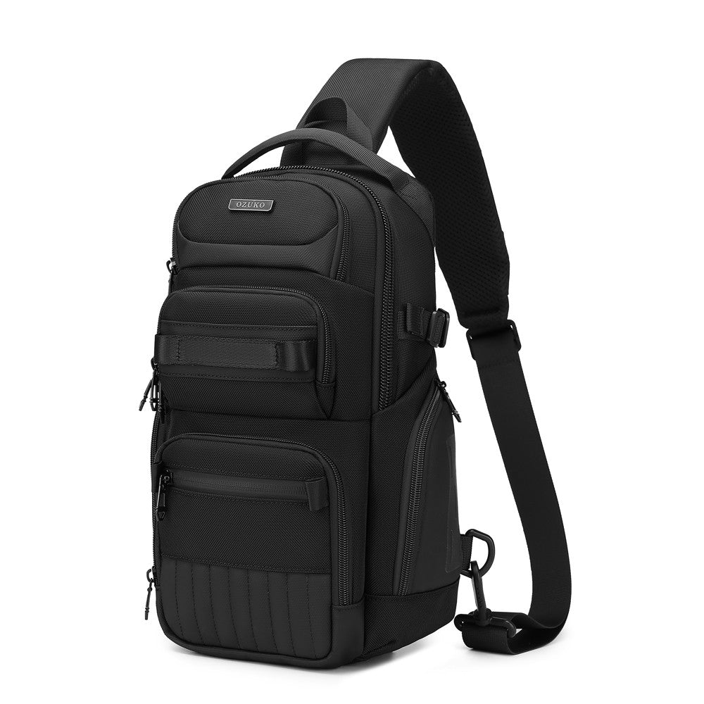 Ridge Sling 8L in Black, three-quarter front angle view with strap extended and carabiner clip visible