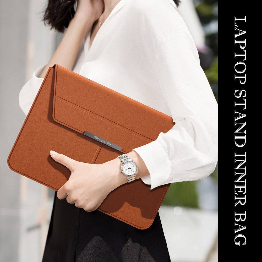 Orange Laptop sleeve with Zipper being carried by hand like a handheld folio