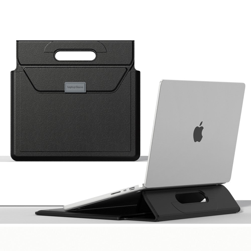 Orange Laptop sleeve with handle folded flat and used as a mouse pad on a desk next to an open laptop
