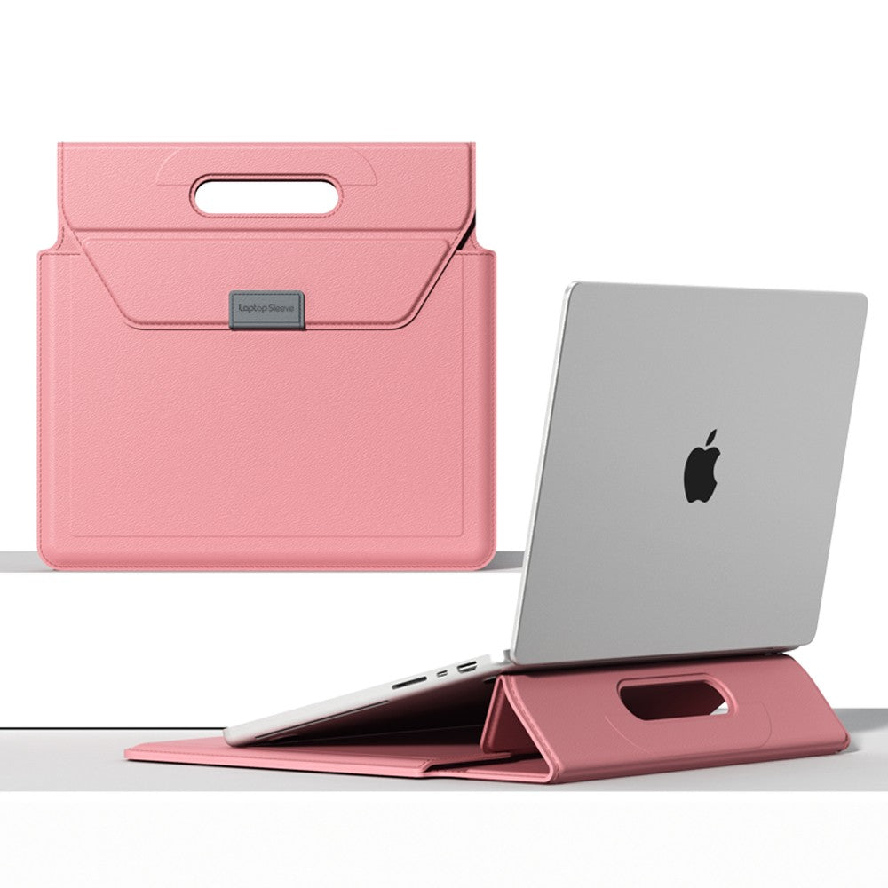 Orange Laptop sleeve with handle shown from an angle with a laptop partially slid inside, highlighting the thin, lightweight profile