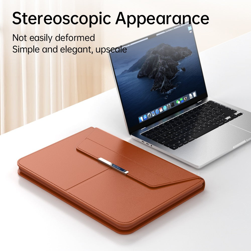 Orange Laptop sleeve with Zipper closed, shown beside an open laptop on a desk highlighting its structured shape