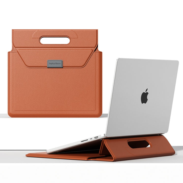 Orange Laptop sleeve with handle shown closed with cutout carry handle, next to the sleeve folded open into a stand propping up a laptop