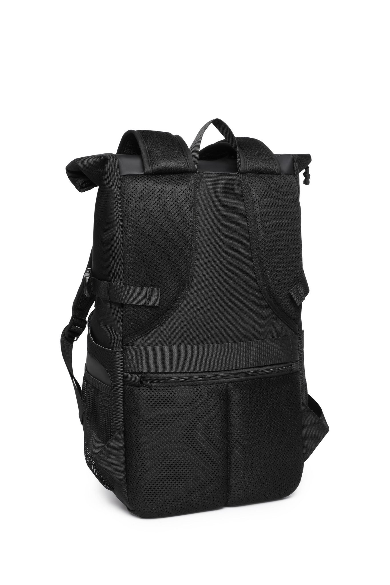 Summit Backpack 25L in Black, three-quarter back angle view with rolltop open