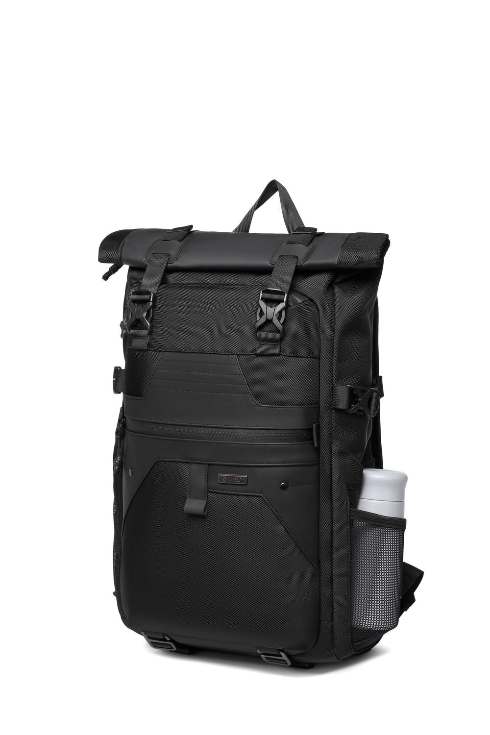 Summit Backpack 25L in Black, three-quarter angle view with a water bottle in the mesh side pocket
