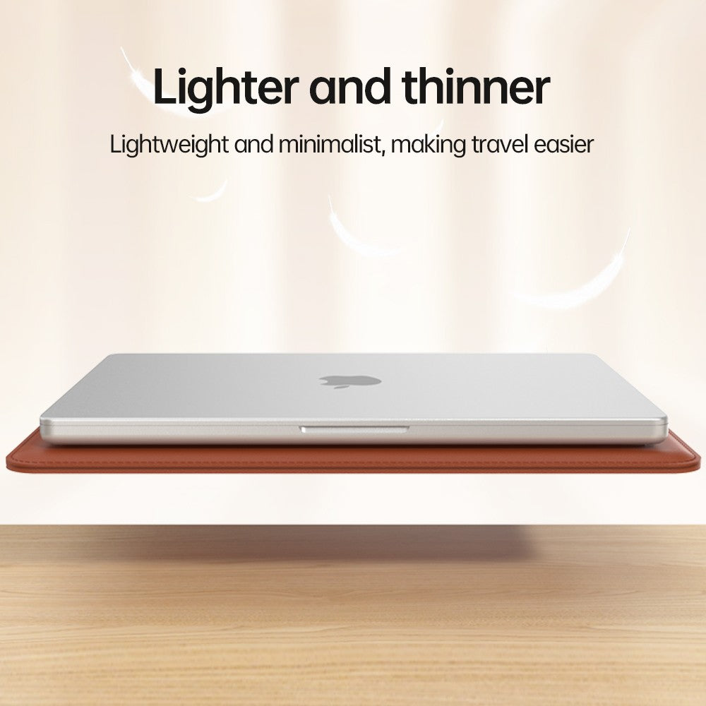 Orange Laptop sleeve with handle shown in profile, floating to highlight its thin, lightweight construction