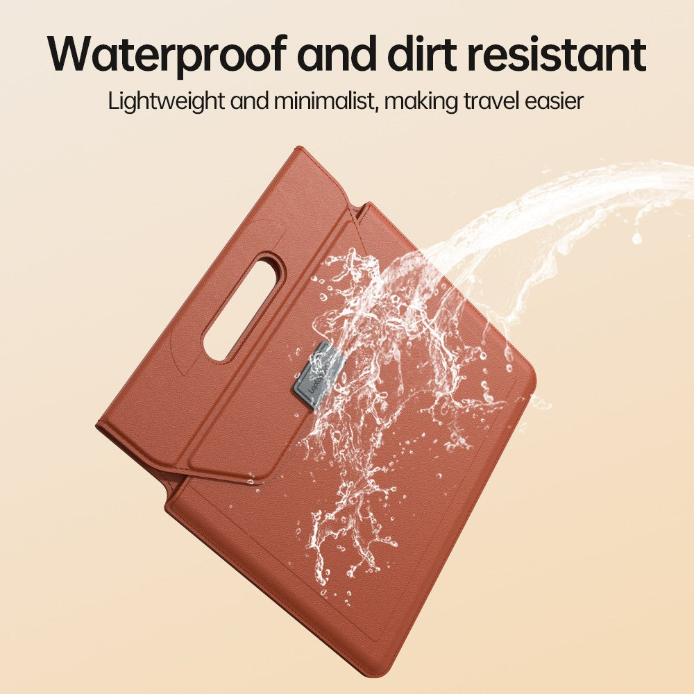 Orange Laptop sleeve with handle with water splashing across the surface, demonstrating its waterproof, dirt-resistant exterior