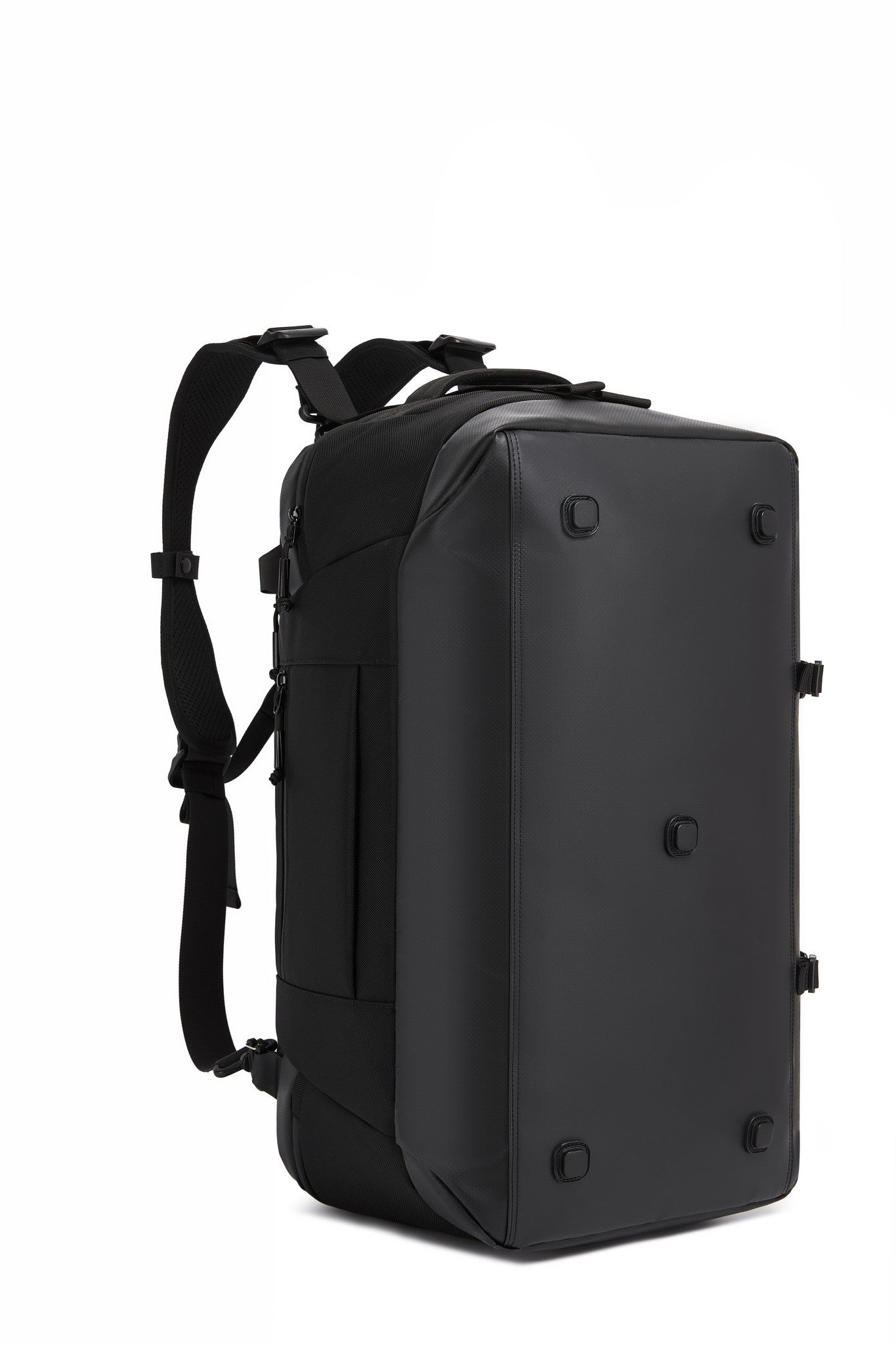 Gray Cargo Duffel 45L, side view worn as a backpack with straps deployed and the OZUKO brand tag visible