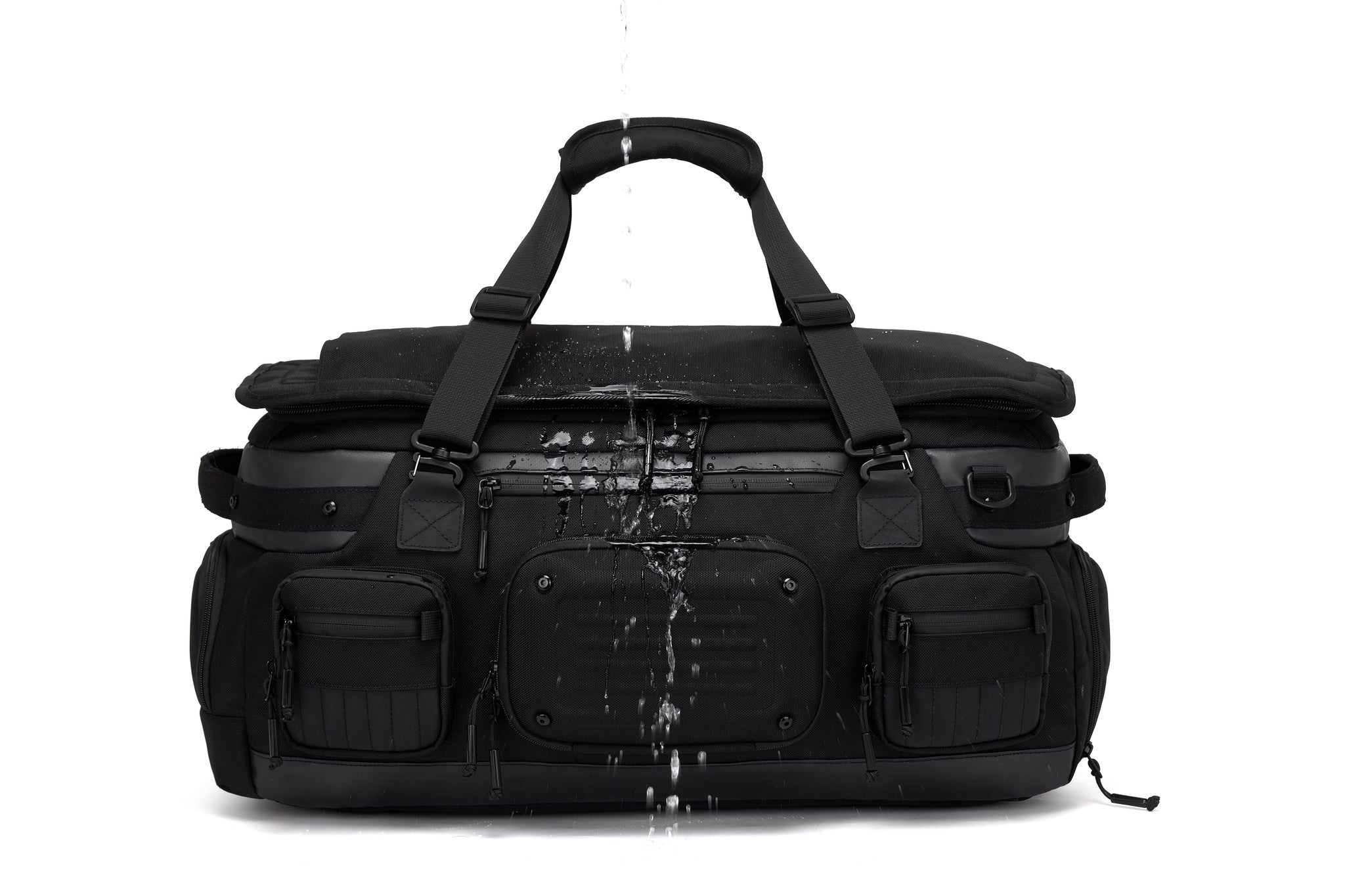 Oono Voyager Duffel 50L in black with water beading off its weatherproof coated exterior fabric