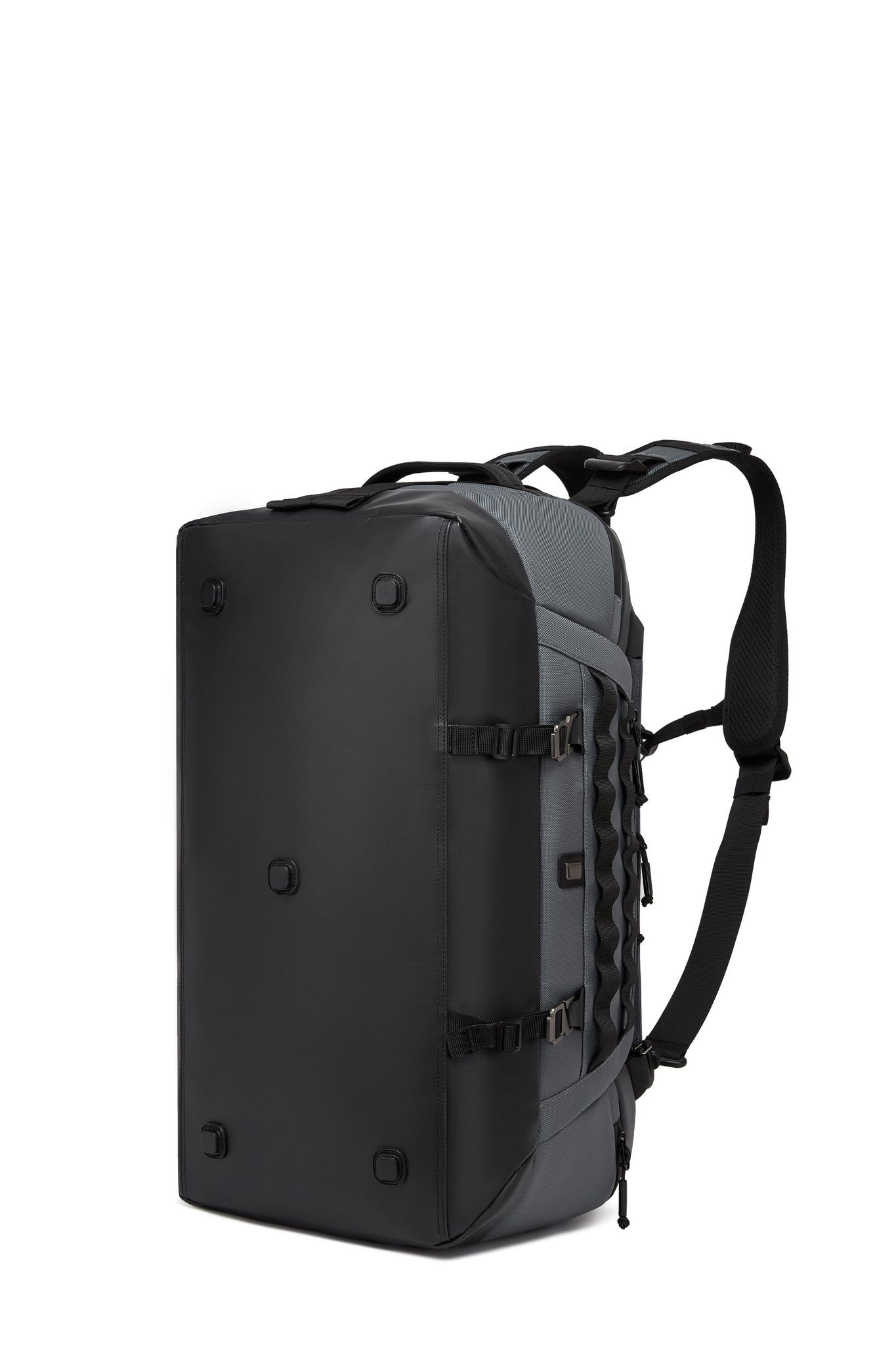 Gray Cargo Duffel 45L, three-quarter angled view worn as a backpack with the side carry handle visible