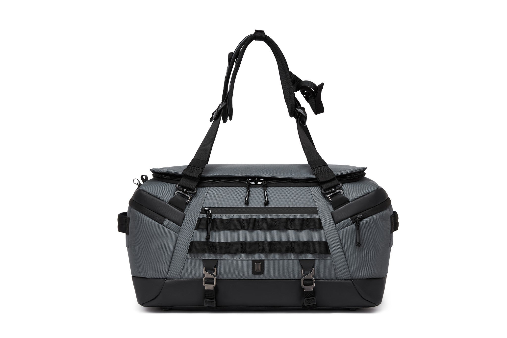 Gray Cargo Duffel 45L, back view showing the padded backpack straps deployed