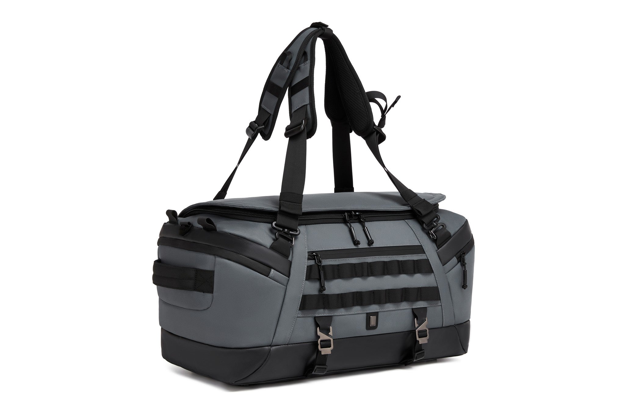 Gray Cargo Duffel 45L, three-quarter angled view with the padded backpack straps deployed and MOLLE webbing across the front panel