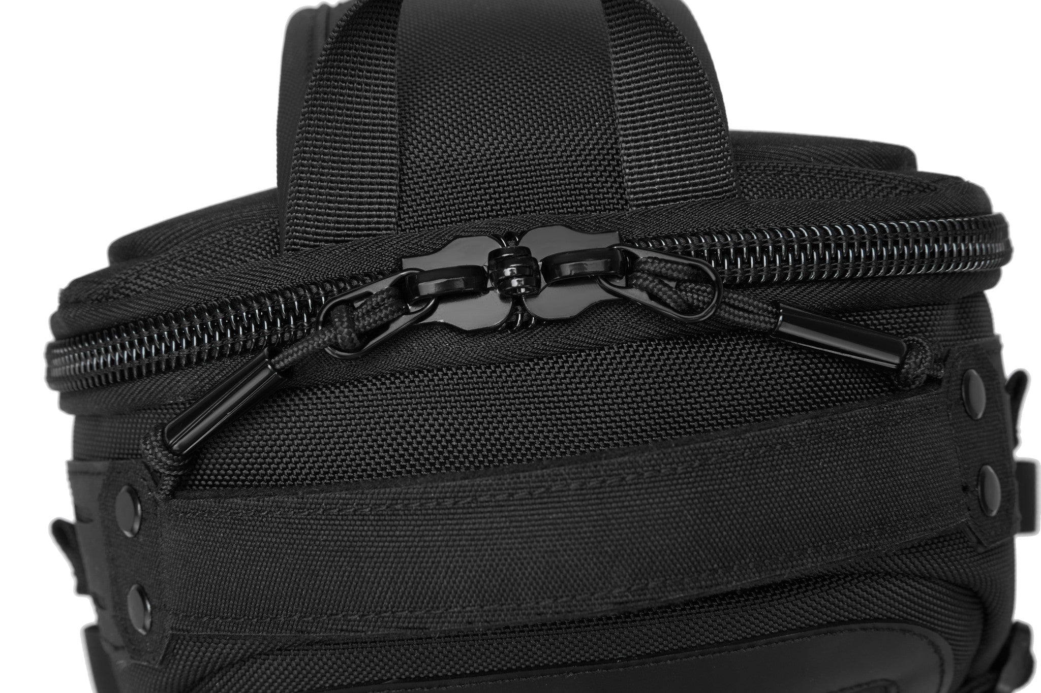 Ridge Sling Backpack 12L in Black - close-up of the dual-zipper closure with paracord pulls