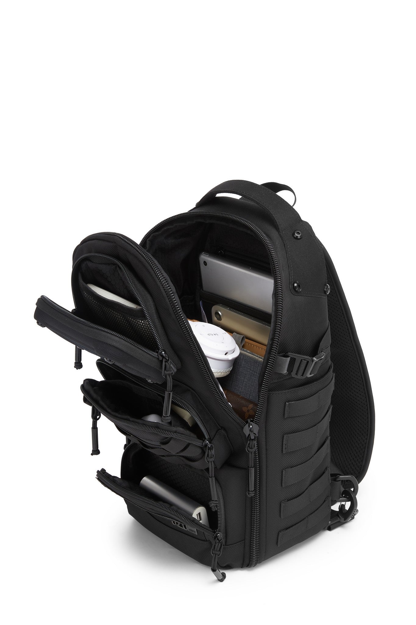 Daytrip Backpack 12L open with tablet, notebook, phone and wallet