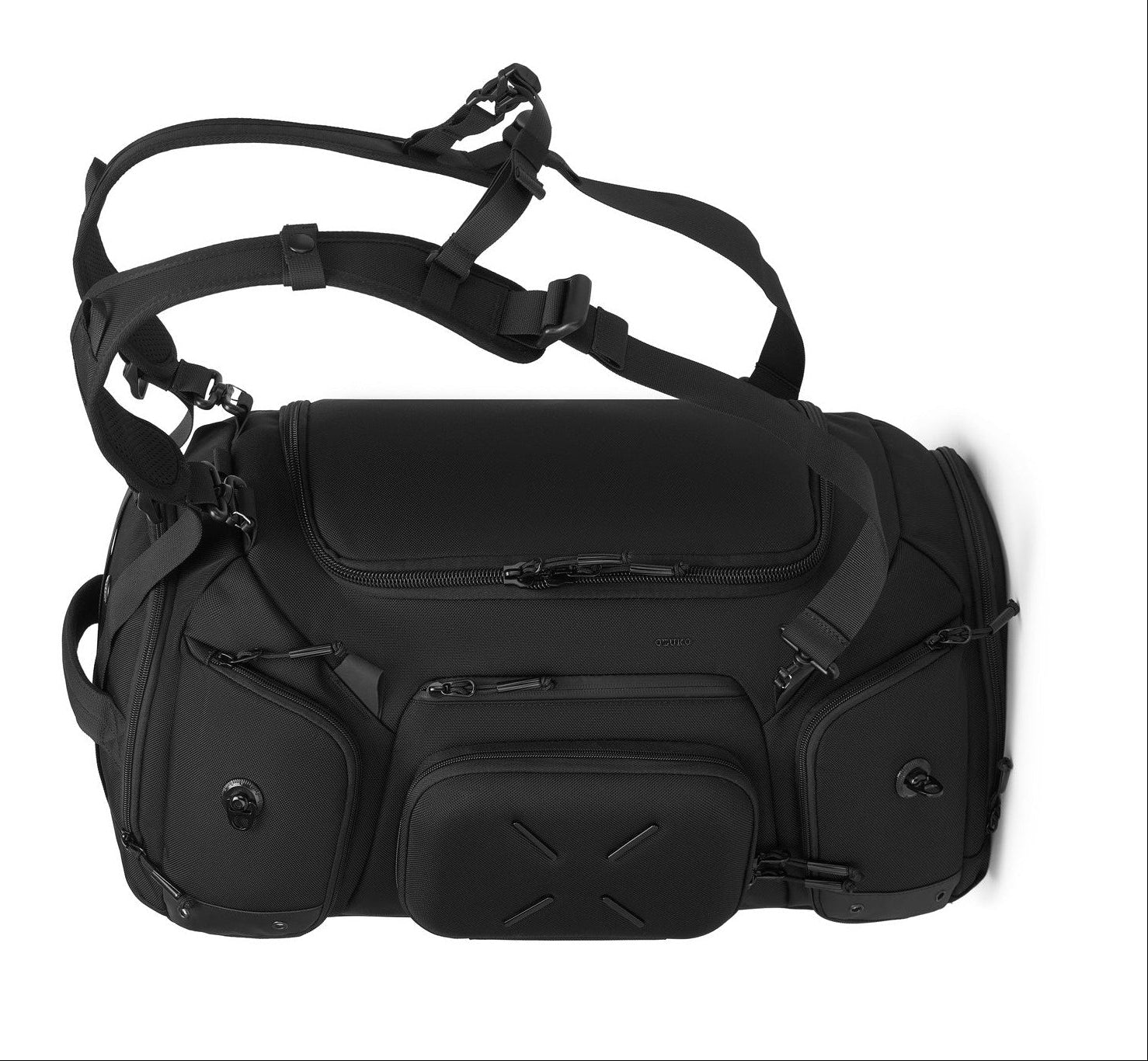 Black Voyager Duffel 40L, three-quarter angled view worn as a backpack
