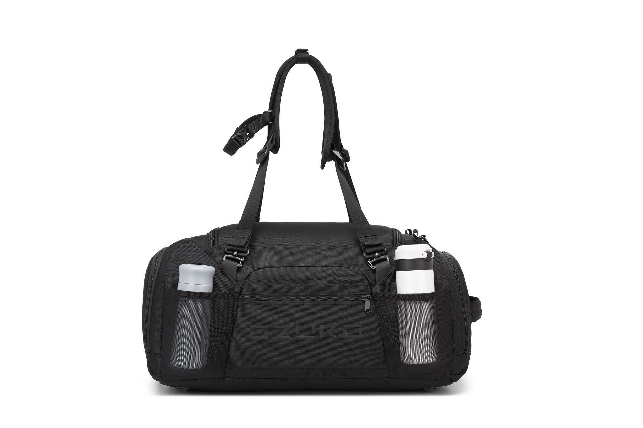 Black Voyager Duffel 40L, front view with two water bottles in the side mesh pockets
