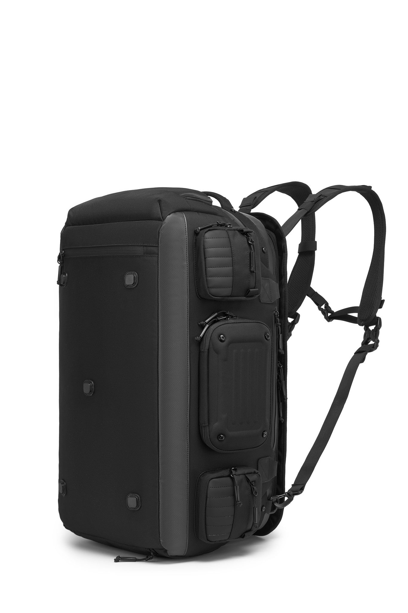 Oono Voyager Duffel 50L in black, three-quarter view with the backpack straps deployed for backpack-style carry