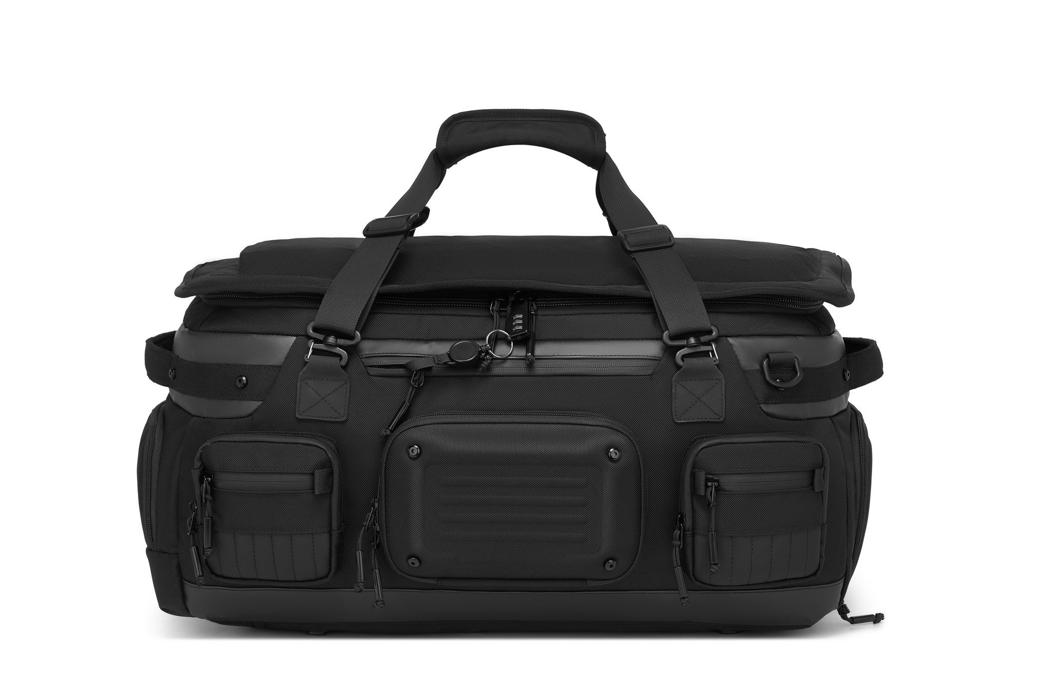 Oono Voyager Duffel 50L in black, front view showing the combination lock, front pockets, and carry handles