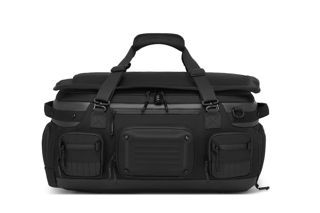 Oono Voyager Duffel 50L in black, front view showing the built-in combination lock on the main zipper and dual front pockets