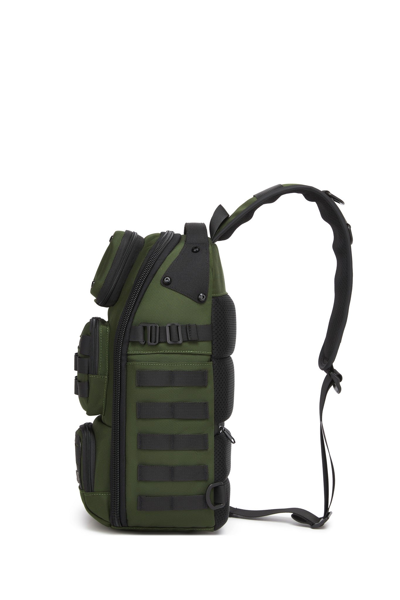 Daytrip Backpack 12L in Green - side view showing the MOLLE webbing and adjustable sling strap