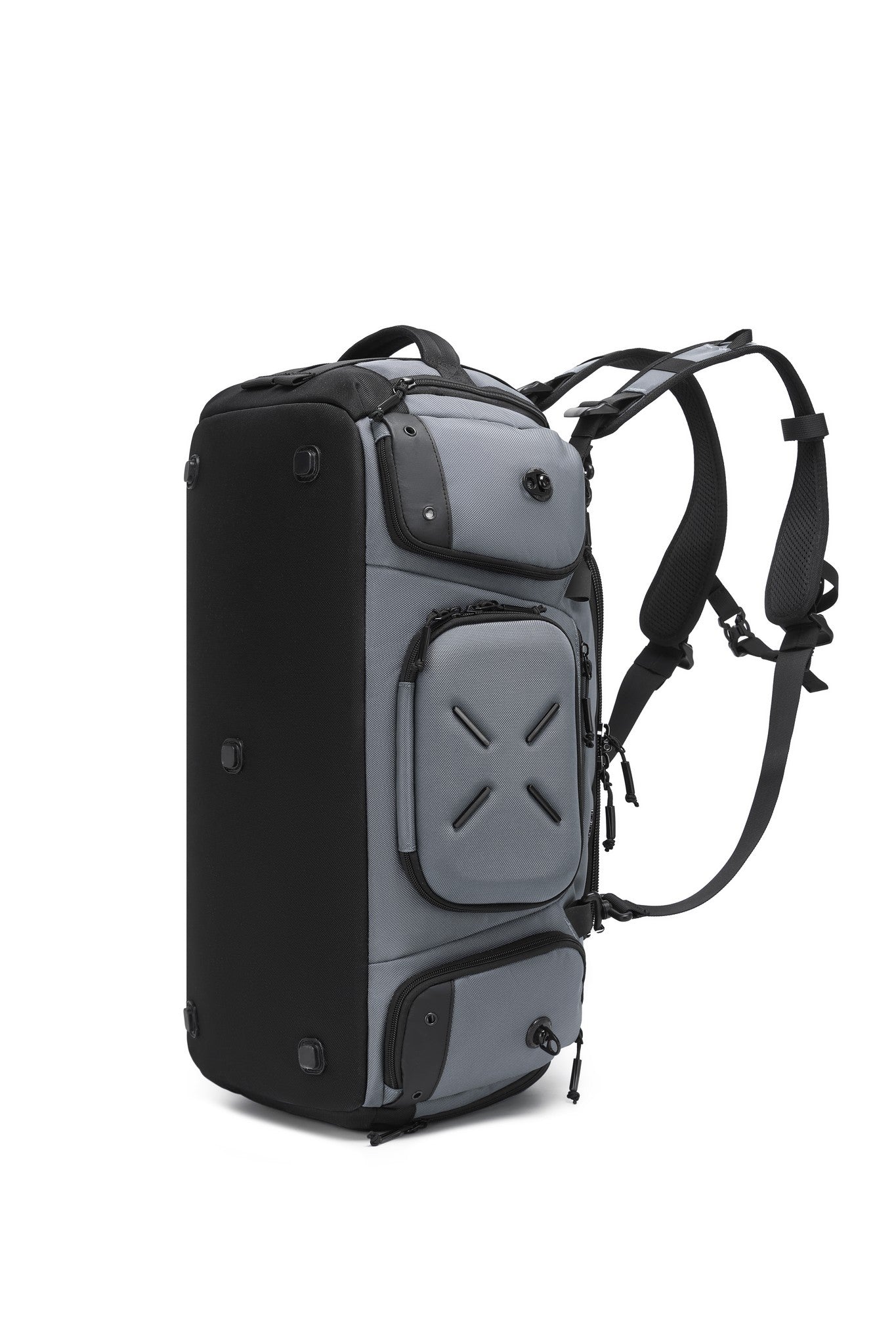 Gray Voyager Duffel 40L, three-quarter angled view worn as a backpack