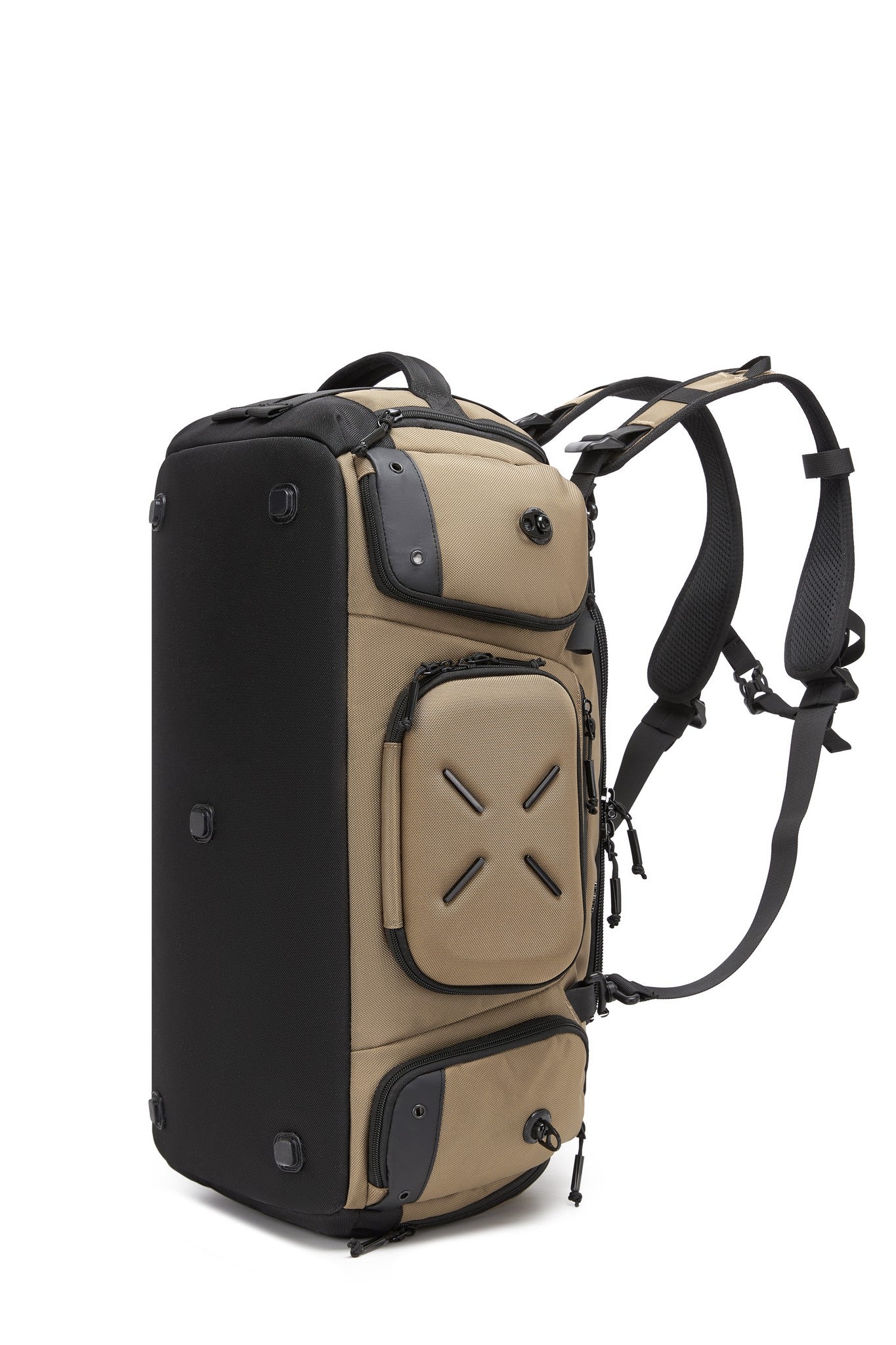 Tan Voyager Duffel 40L, three-quarter angled view worn as a backpack