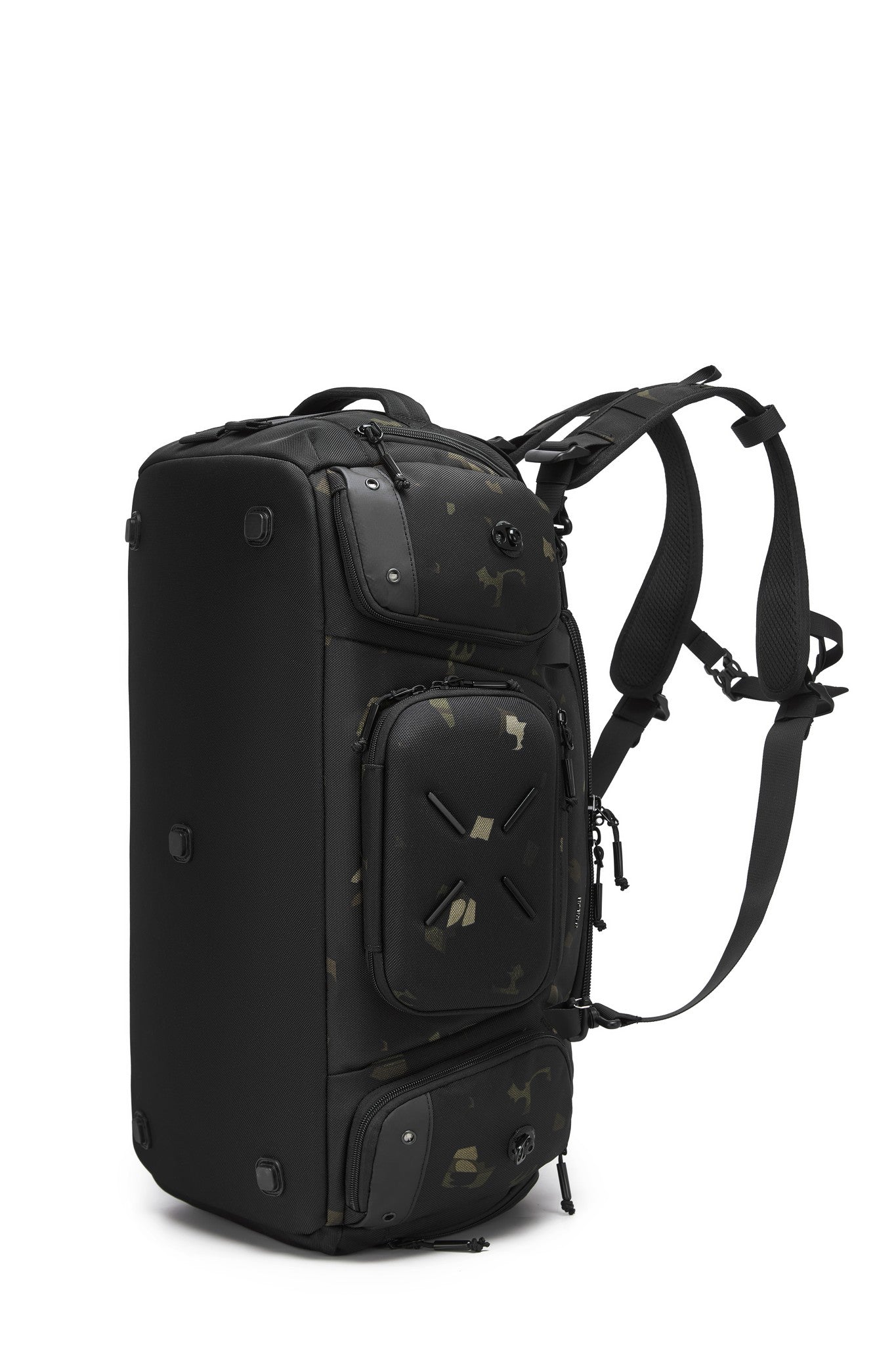 Camo Voyager Duffel 40L, three-quarter angled view worn as a backpack