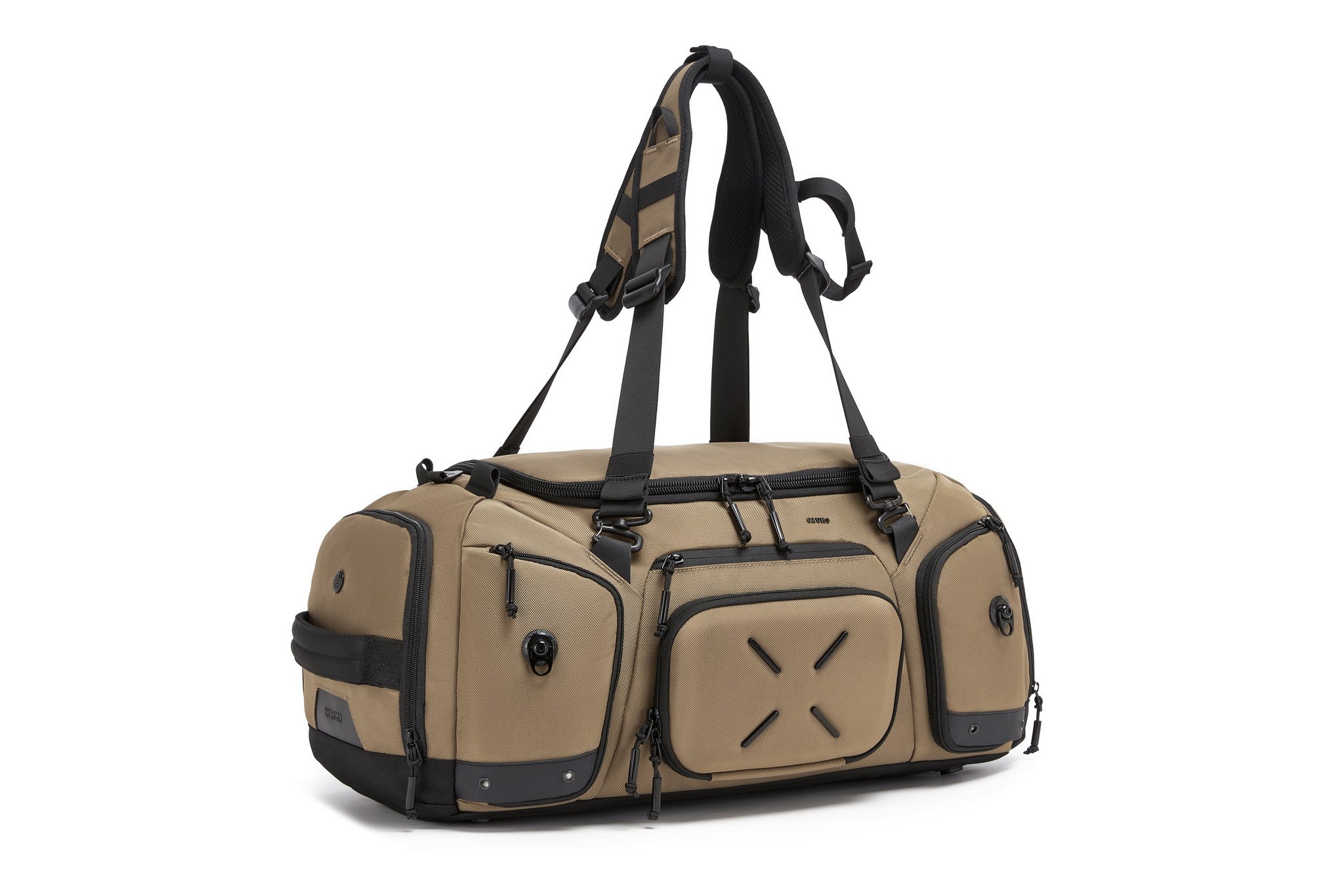 Tan Voyager Duffel 40L, three-quarter angled view with the padded backpack straps deployed