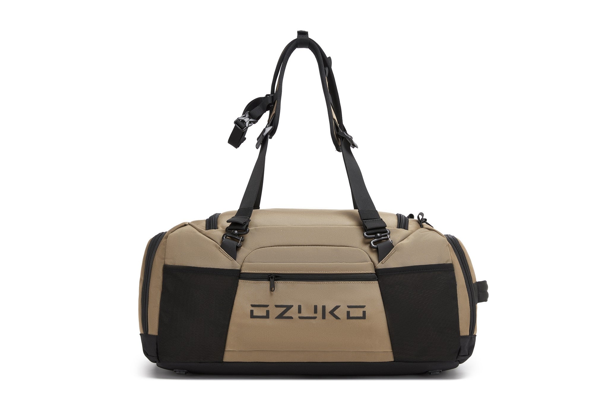 Tan Voyager Duffel 40L, front view showing the top carry handle and front zip pockets