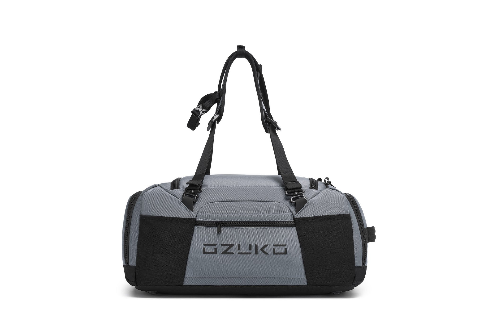 Gray Voyager Duffel 40L, front view showing the top carry handle and front zip pockets