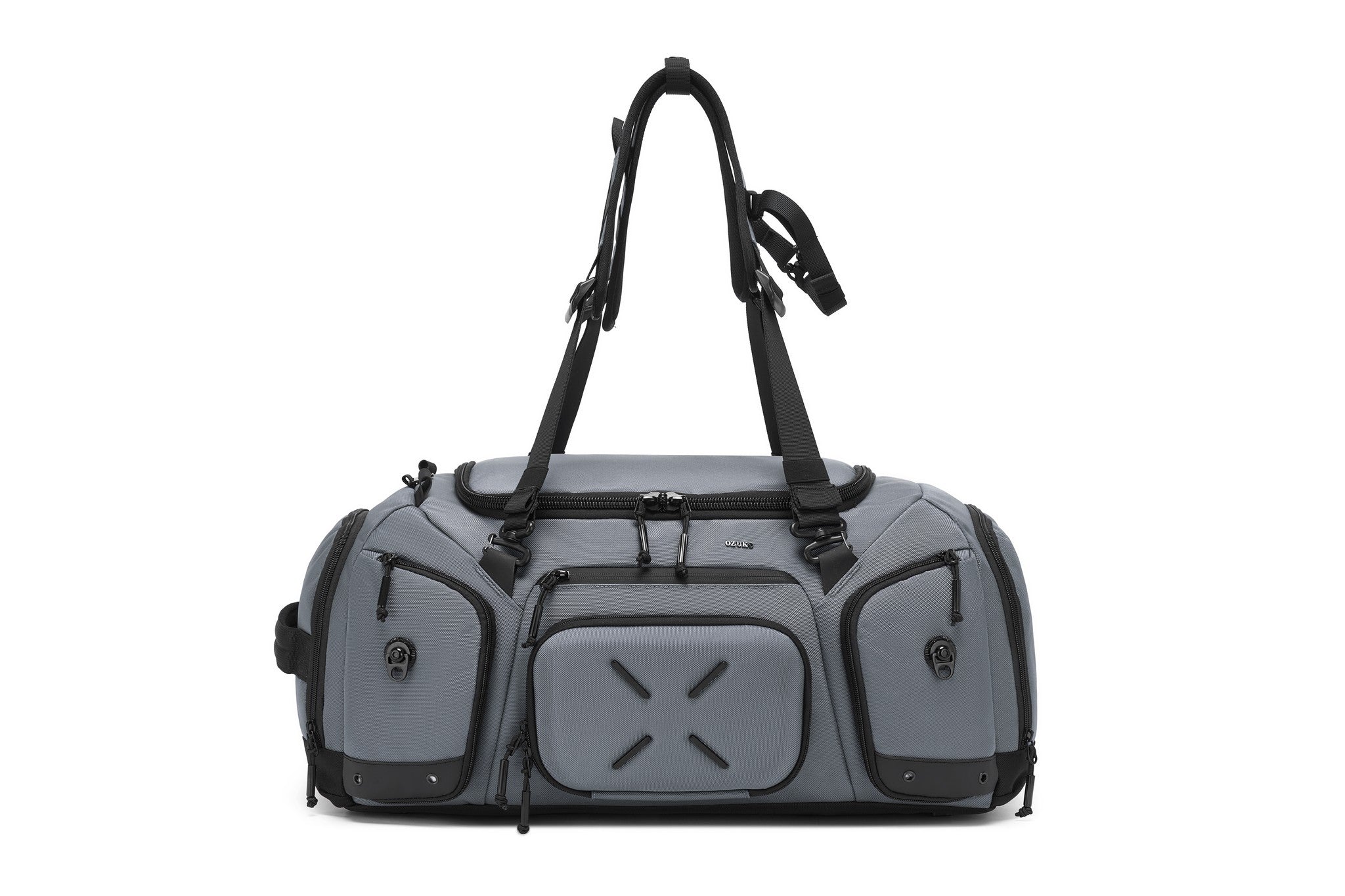 Gray Voyager Duffel 40L, three-quarter angled view with the backpack straps extended forward