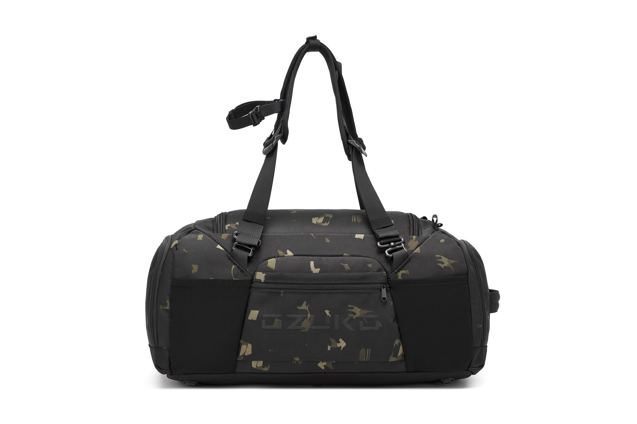 Camo Voyager Duffel 40L, front view, with the padded backpack straps deployed