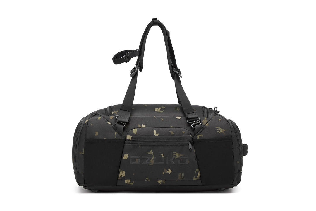 Camo Voyager Duffel 40L, front view, with the padded backpack straps deployed