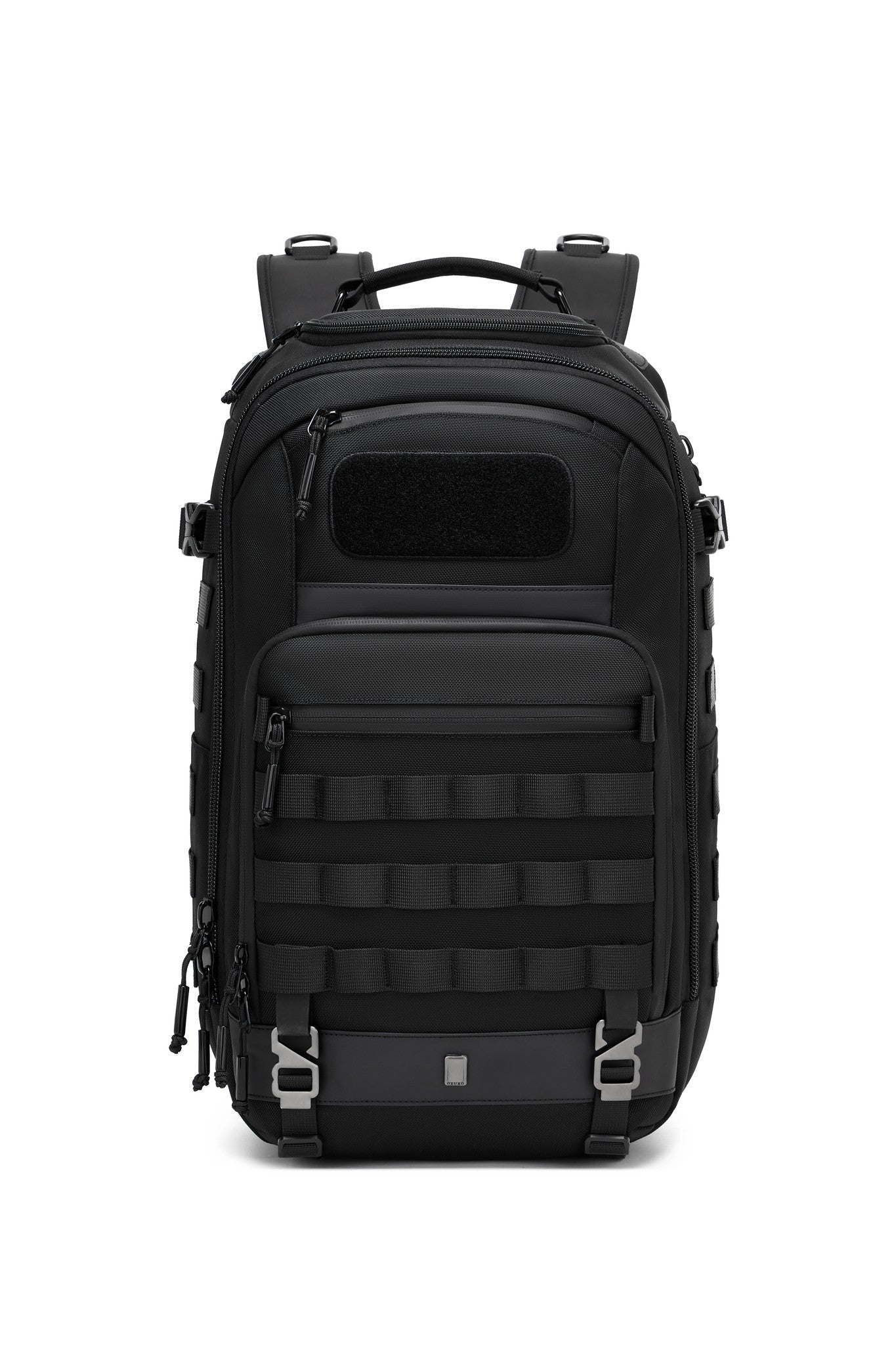 Oono Trailhead Backpack 25L in black, three-quarter side view showing the side MOLLE webbing and compression straps