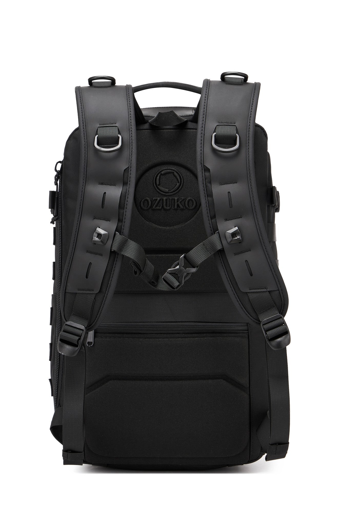 Oono Trailhead Backpack 25L in black, front view showing the hook-and-loop patch panel, MOLLE webbing, and zippered front pocket