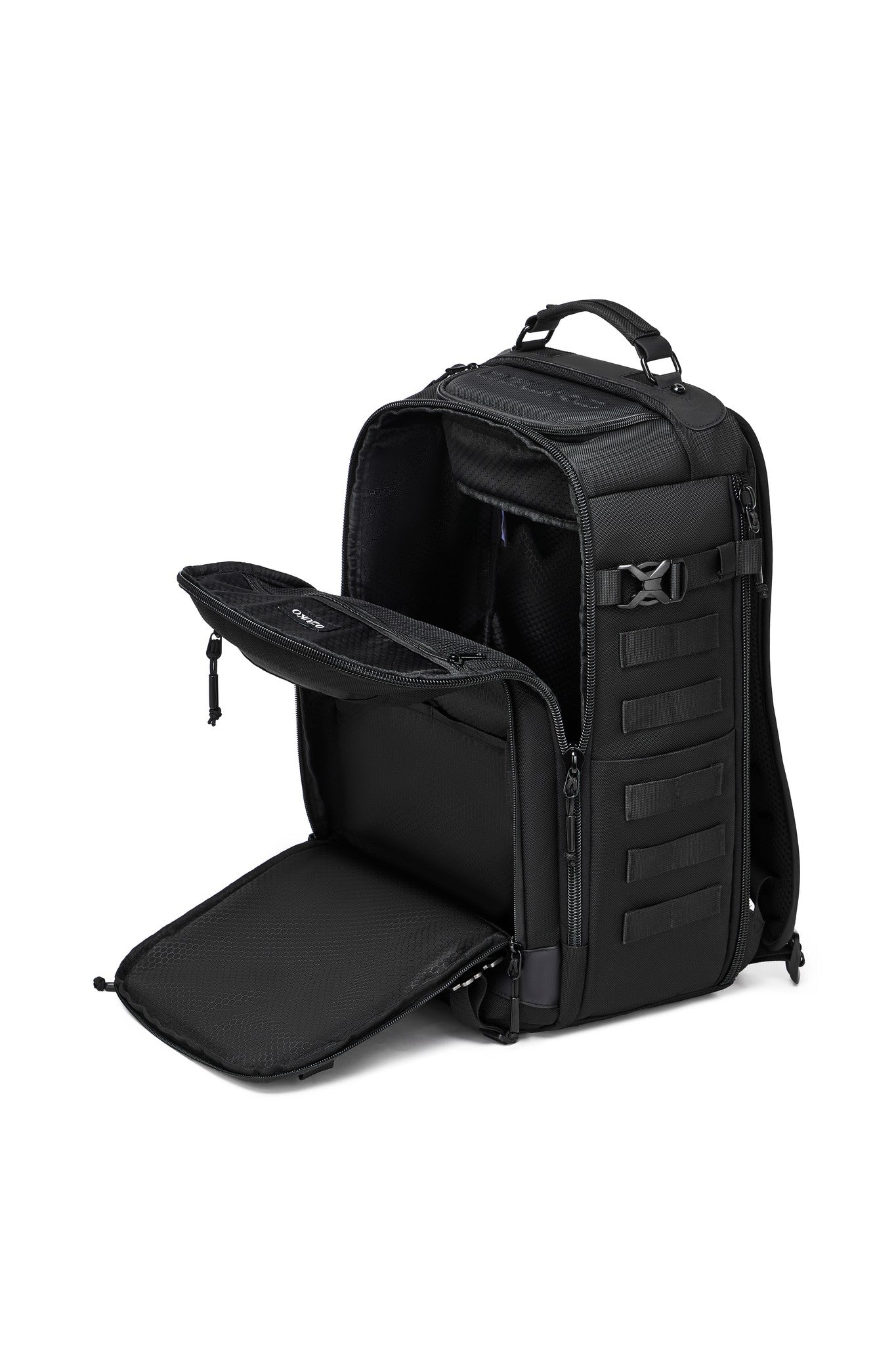 Oono Trailhead Backpack 25L in black, interior view with a padded laptop sleeve, headphones, and a phone tucked into the front organizer pocket