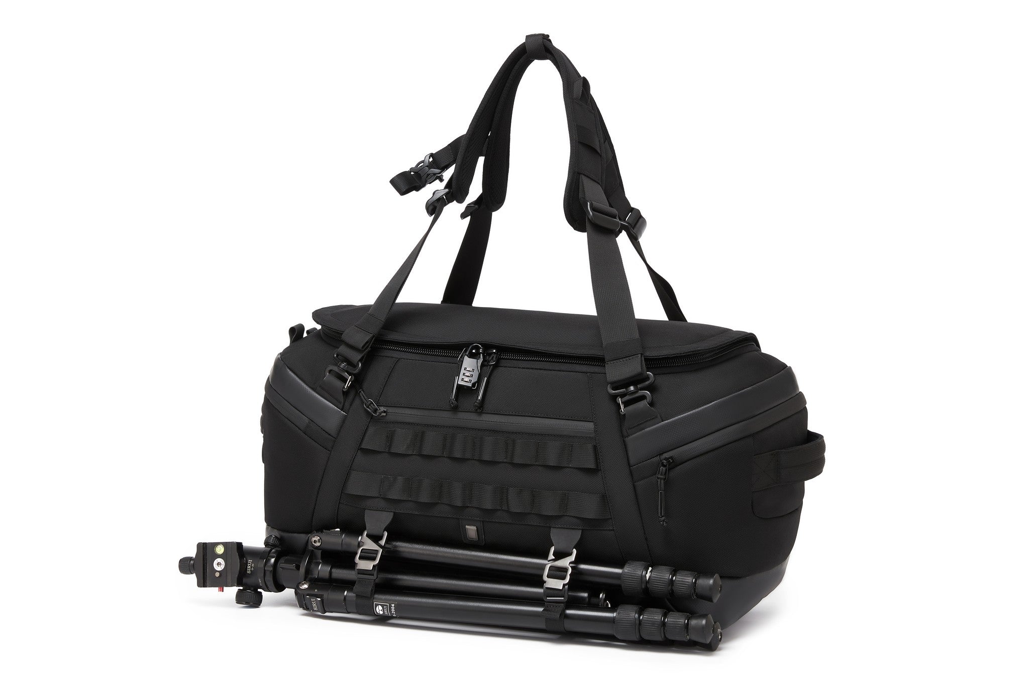 Three-quarter view worn as a backpack with a camera tripod strapped to the front