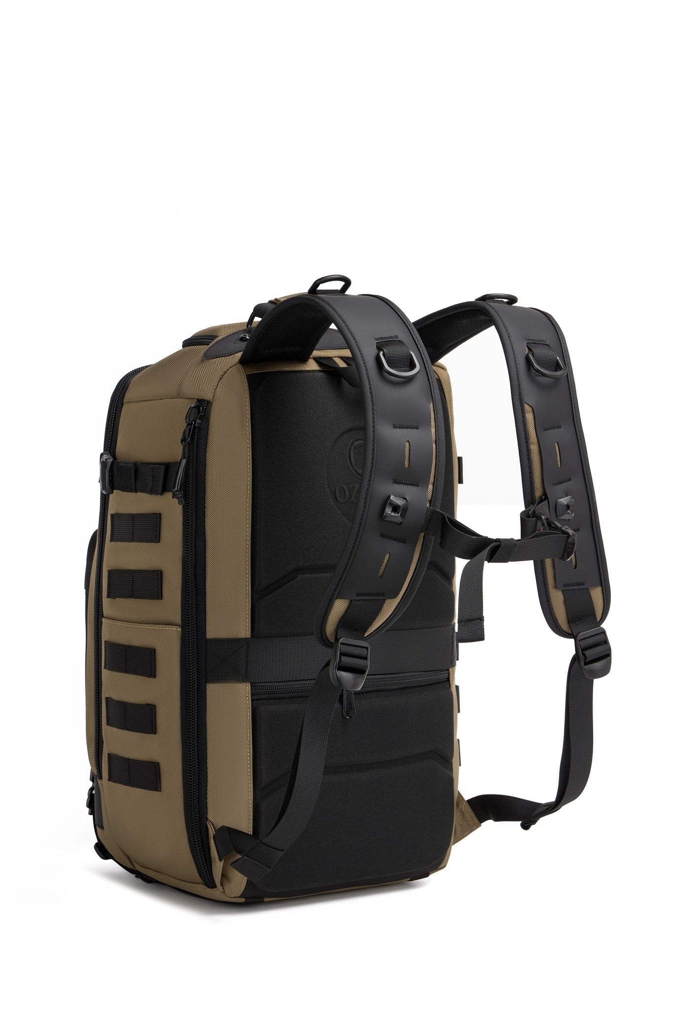 Oono Trailhead Backpack 25L in tan, back view with black contrast straps and the OZUKO logo embossed on the back panel