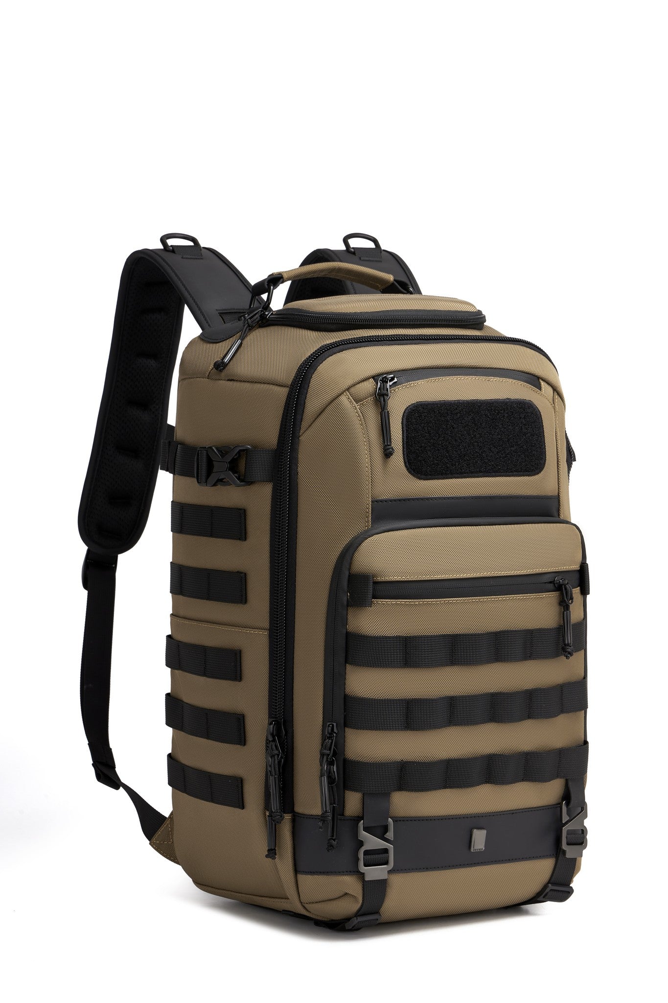 Oono Trailhead Backpack 25L in tan, front view showing the hook-and-loop patch panel, MOLLE webbing, and zippered front pocket