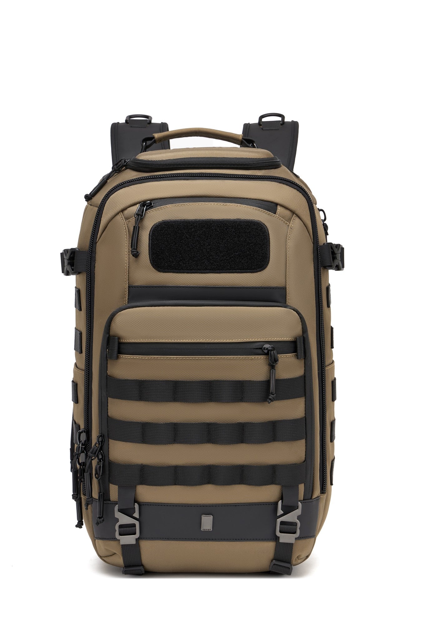 Oono Trailhead Backpack 25L in tan, three-quarter side view with the shoulder straps extended, showing the side MOLLE webbing and compression straps