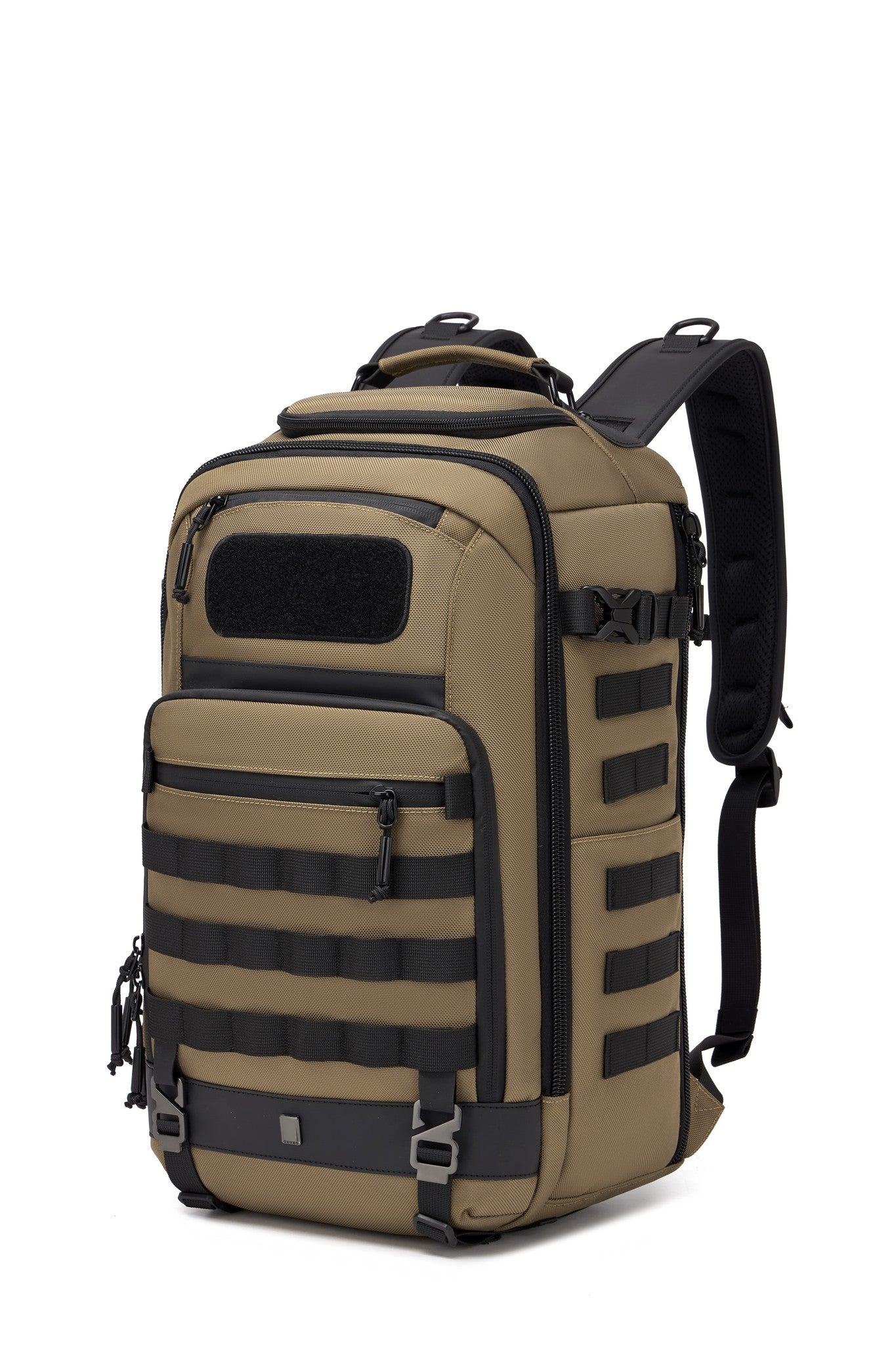 Close-up of the Oono Trailhead Backpack 25L in tan, showing the padded back panel and OZUKO logo embossed at the center
