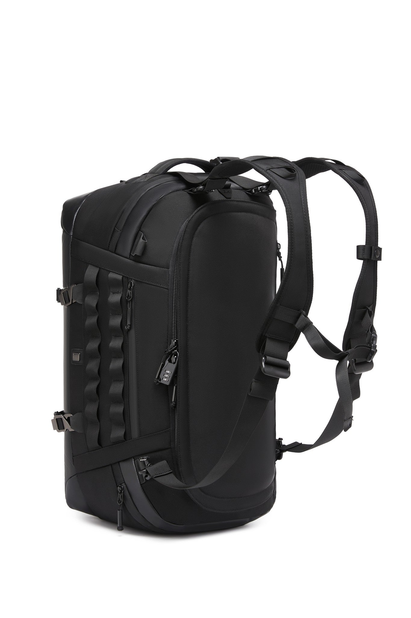 Side angle of the duffel worn as a backpack with a camera tripod attached to the front panel