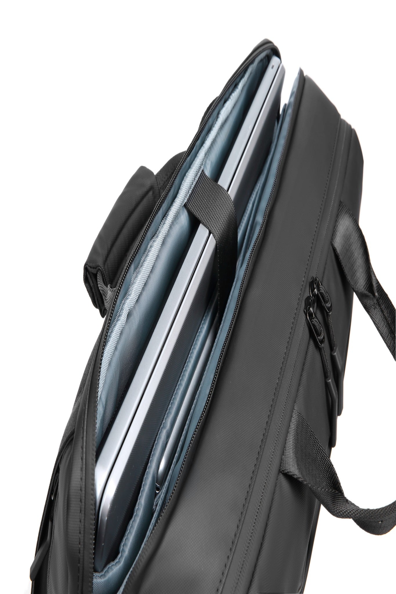 Padded laptop compartment holding a laptop safely